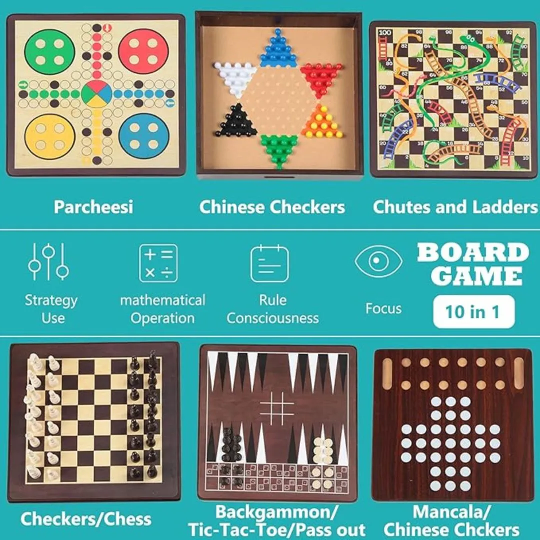10-in-1 Multifunctional Board Game in Wooden Case