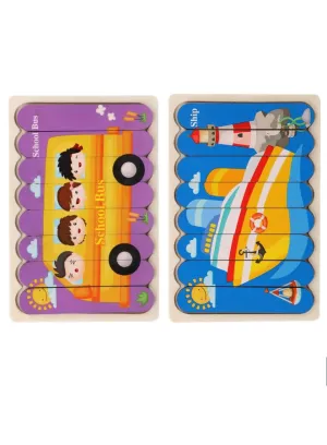 3D Double-sided Wooden Jigsaw Bar Puzzle Toy, School Bus/Ship