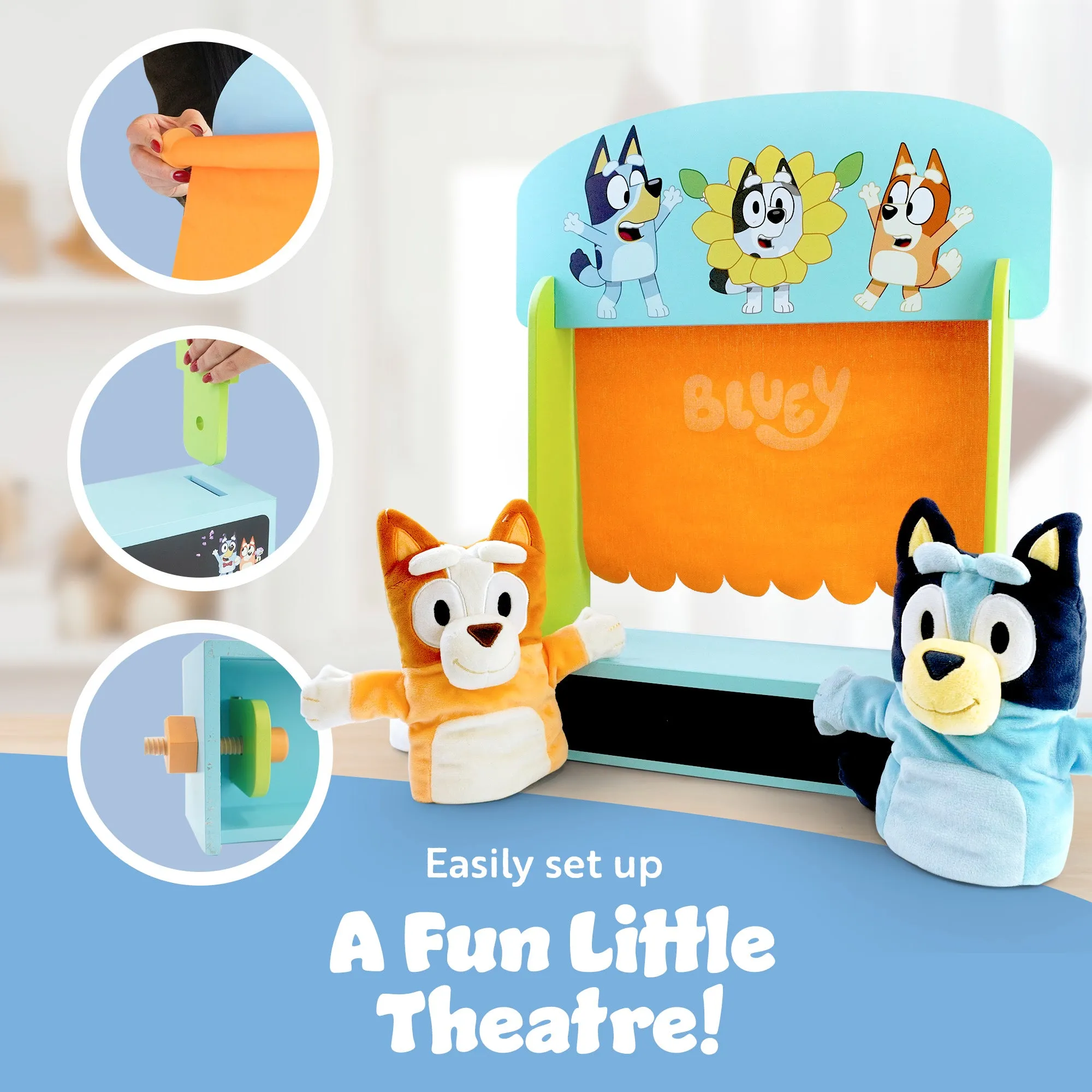 Bluey Wooden Puppet Theater Playset - FSC-Certified Wood, Eco-Friendly Toy for Kids 3 