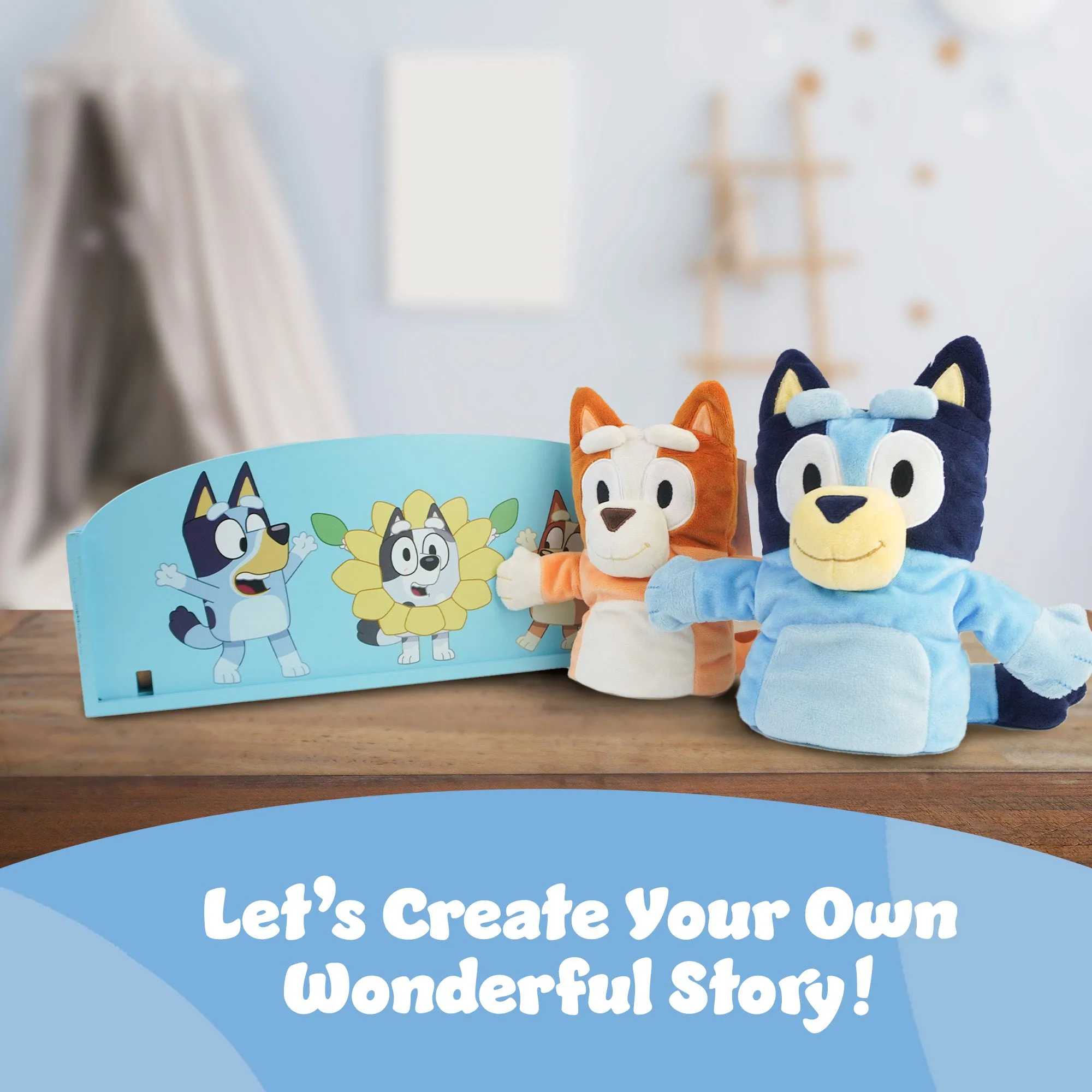 Bluey Wooden Puppet Theater Playset - FSC-Certified Wood, Eco-Friendly Toy for Kids 3 