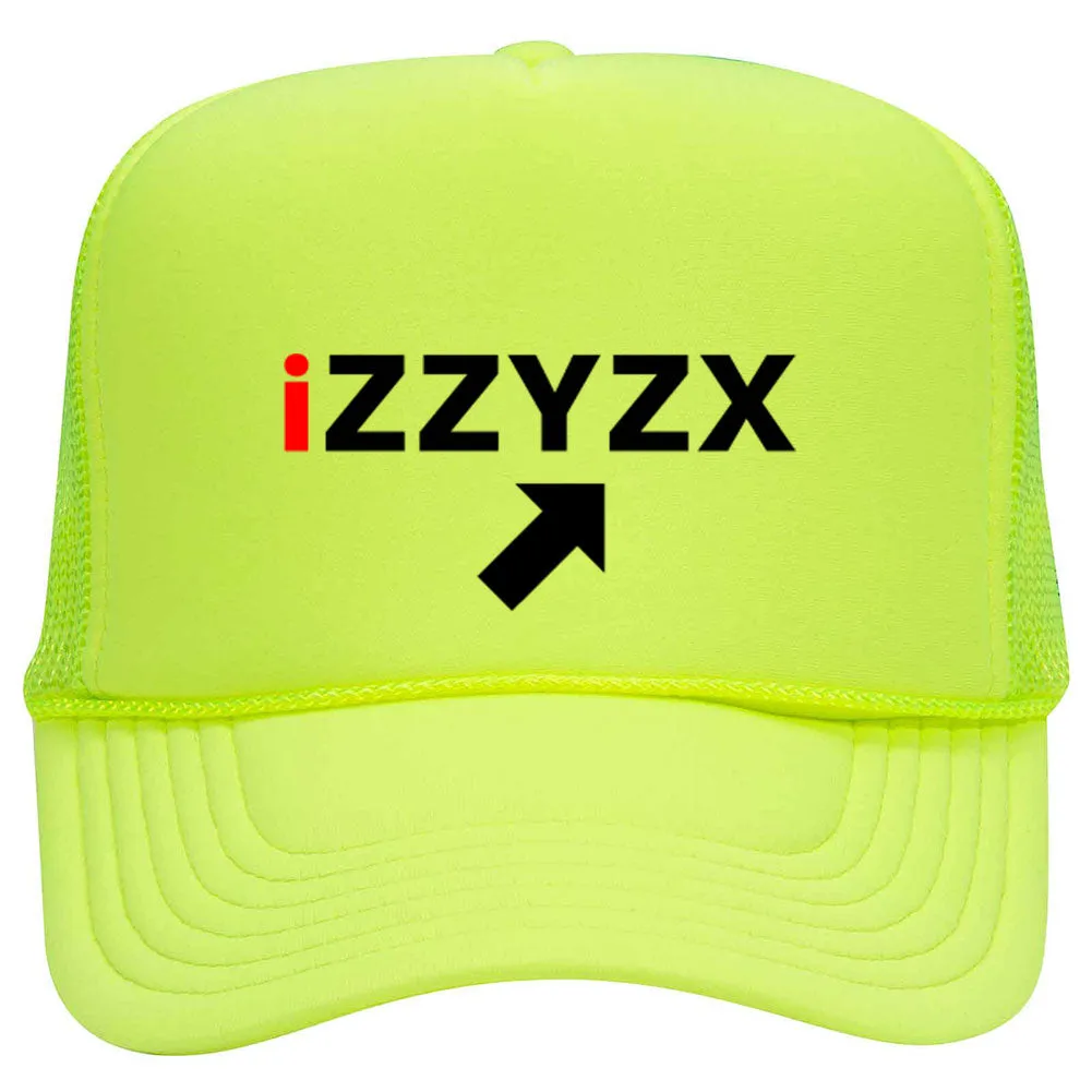 iZZYZX Logo with Arrow PU Printed Neon 5 Panel High Crown Foam Mesh Back Trucker Hat - For Men and Women