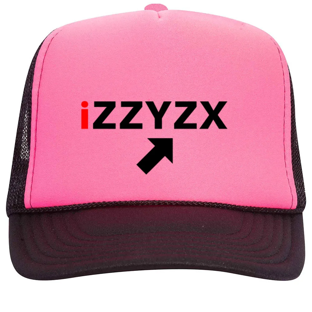 iZZYZX Logo with Arrow PU Printed Neon 5 Panel High Crown Foam Mesh Back Trucker Hat - For Men and Women