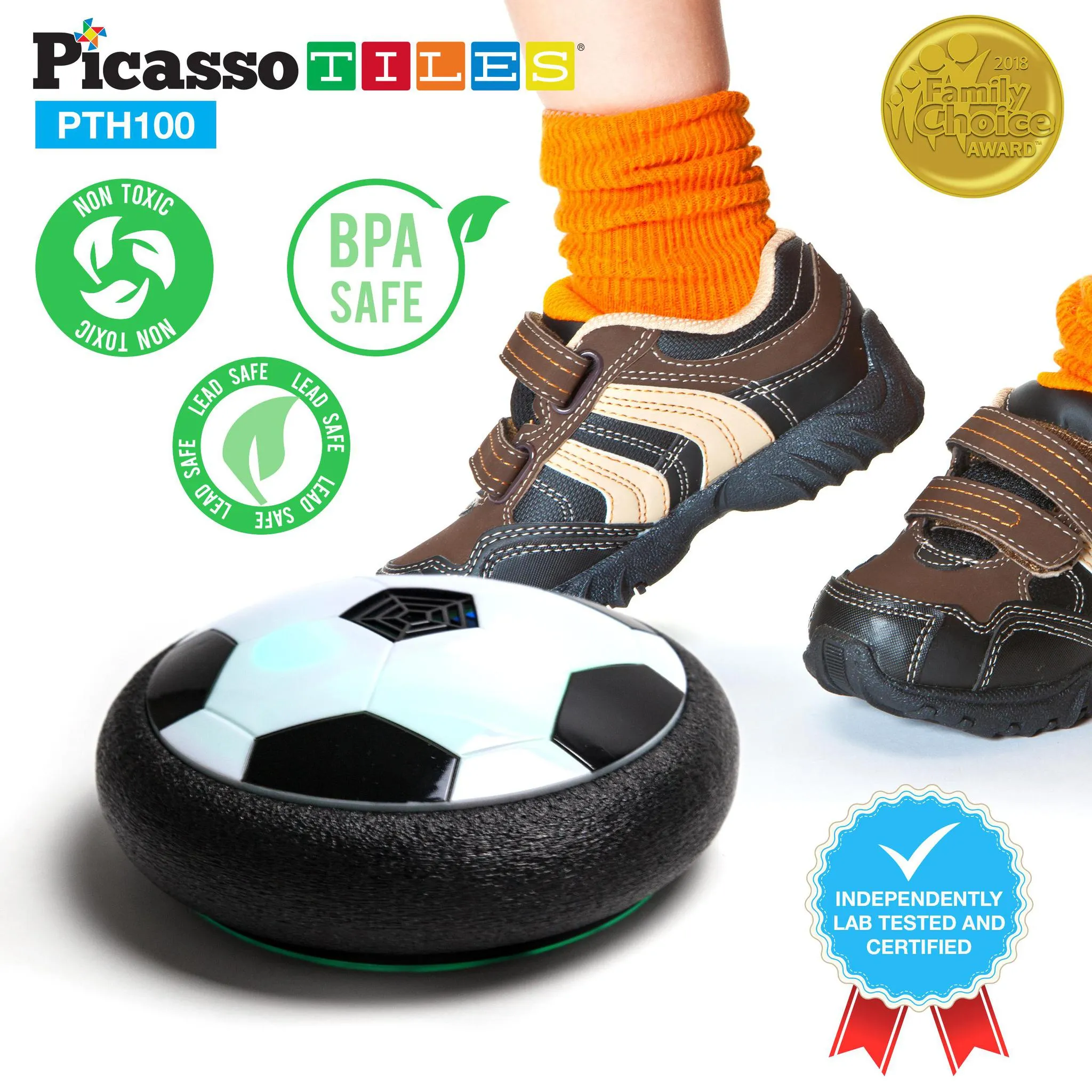 PicassoTiles Soccer Hoverball Air Hockey Electric Power Airlifted with LED Foam Bumper Soft Edge Protector for Indoor Outdoor