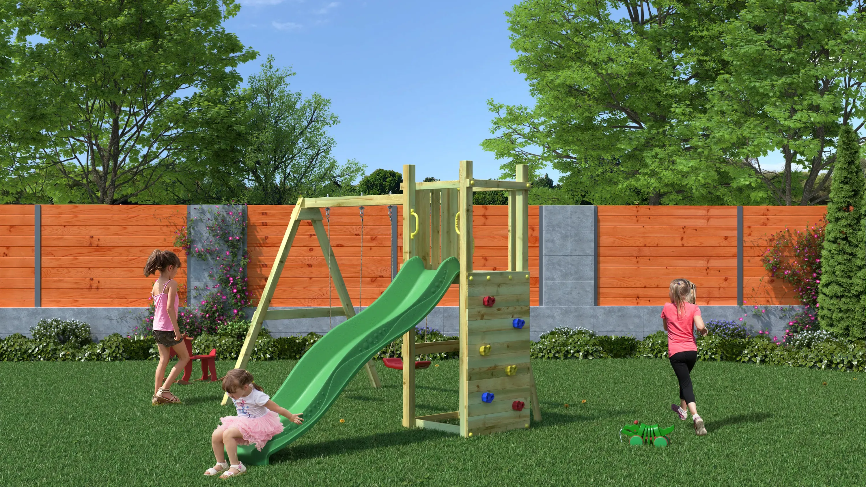 Rumble Ridge Rock Wall Climbing Frame with Double Swing and Slide - SPECIAL OFFER - 10% OFF
