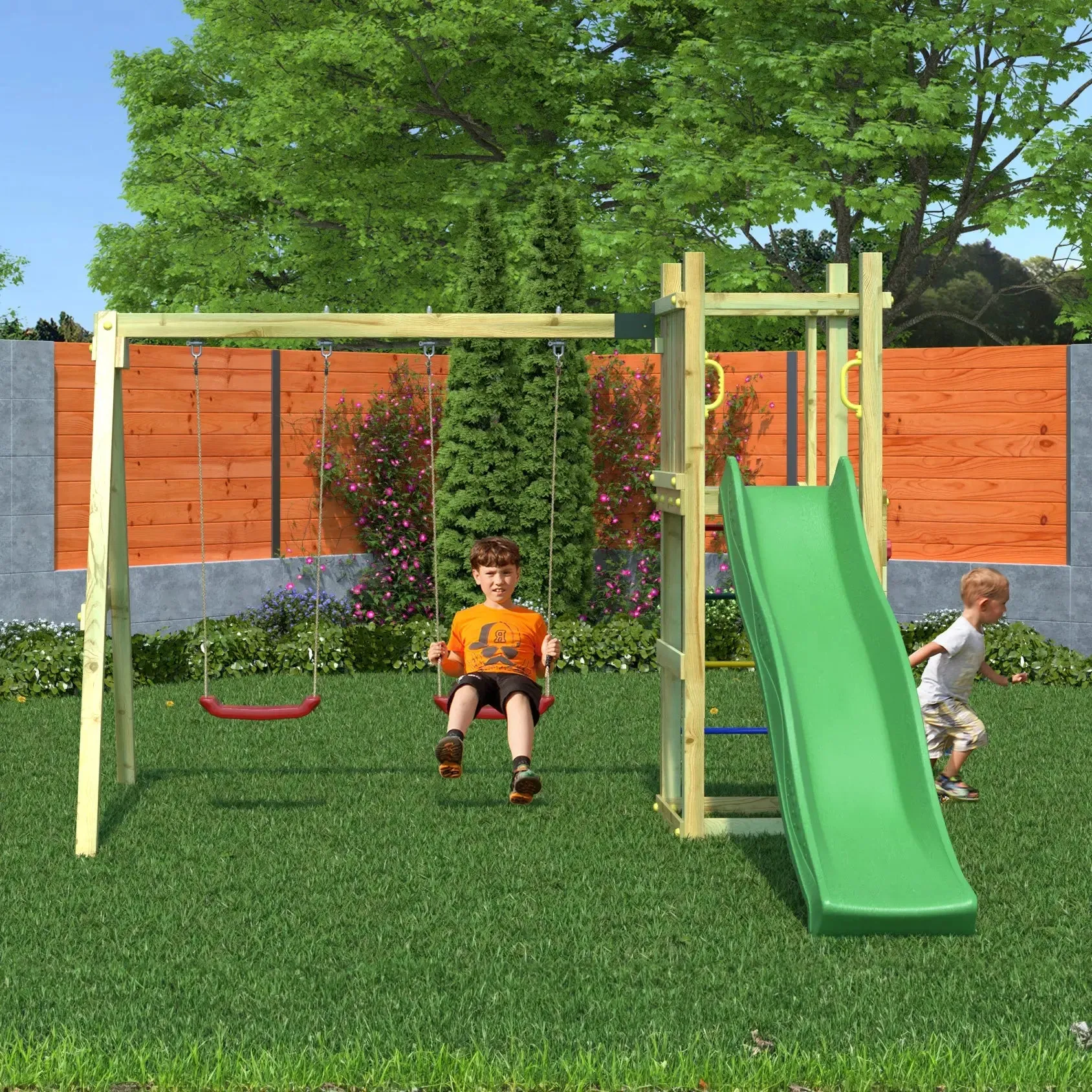 Rumble Ridge Rock Wall Climbing Frame with Double Swing and Slide - SPECIAL OFFER - 10% OFF