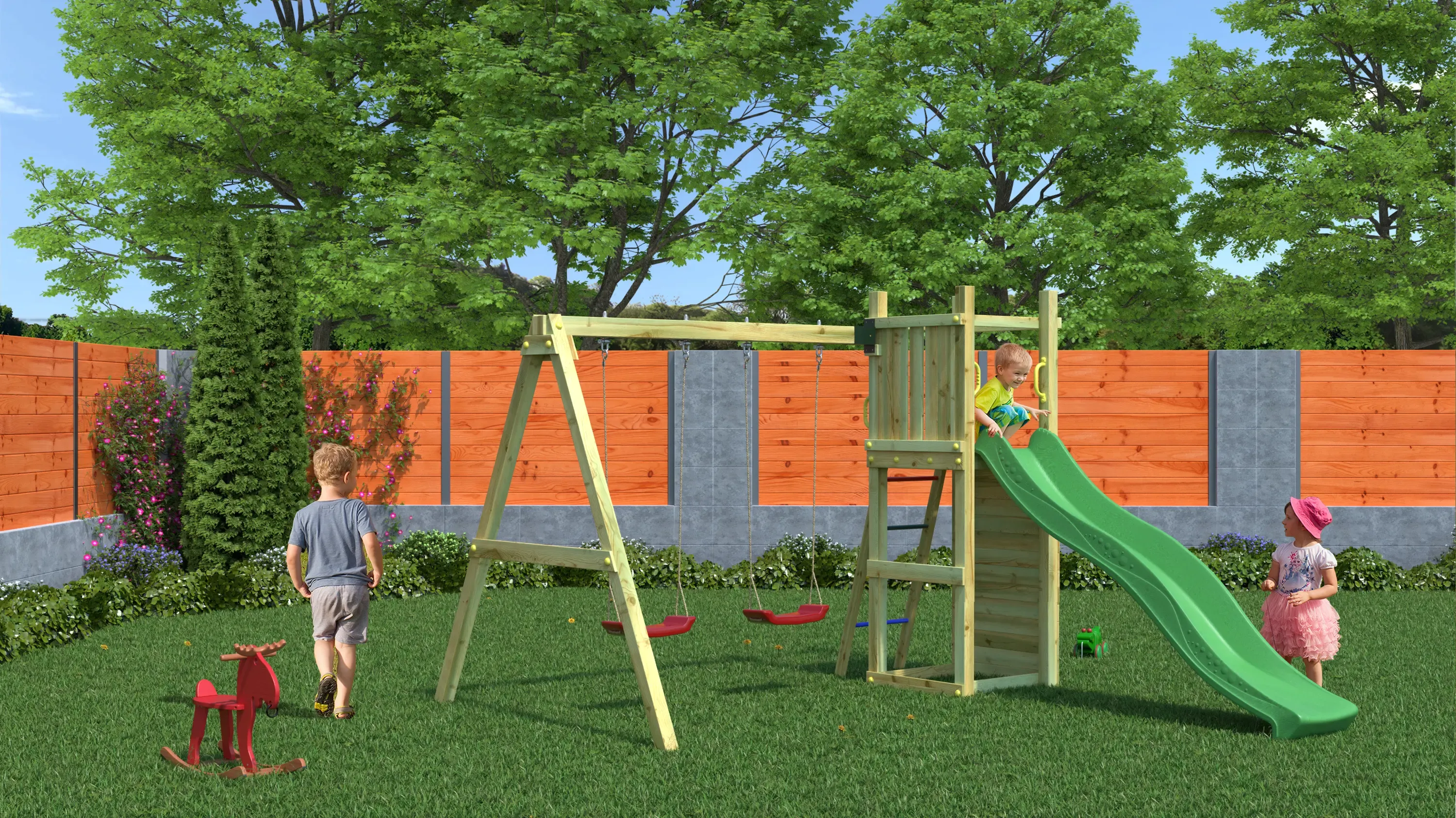 Rumble Ridge Rock Wall Climbing Frame with Double Swing and Slide - SPECIAL OFFER - 10% OFF