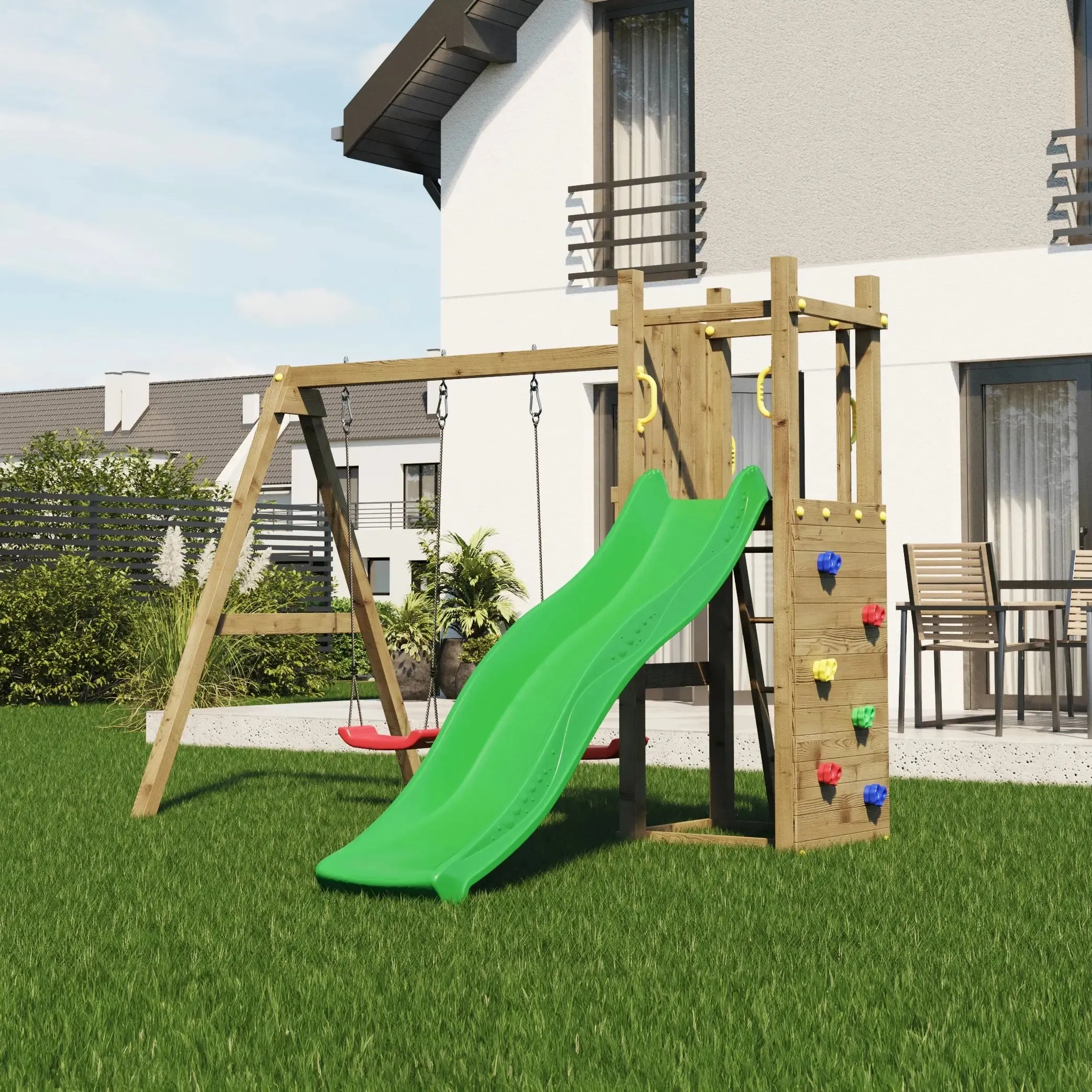 Rumble Ridge Rock Wall Climbing Frame with Double Swing and Slide - SPECIAL OFFER - 10% OFF
