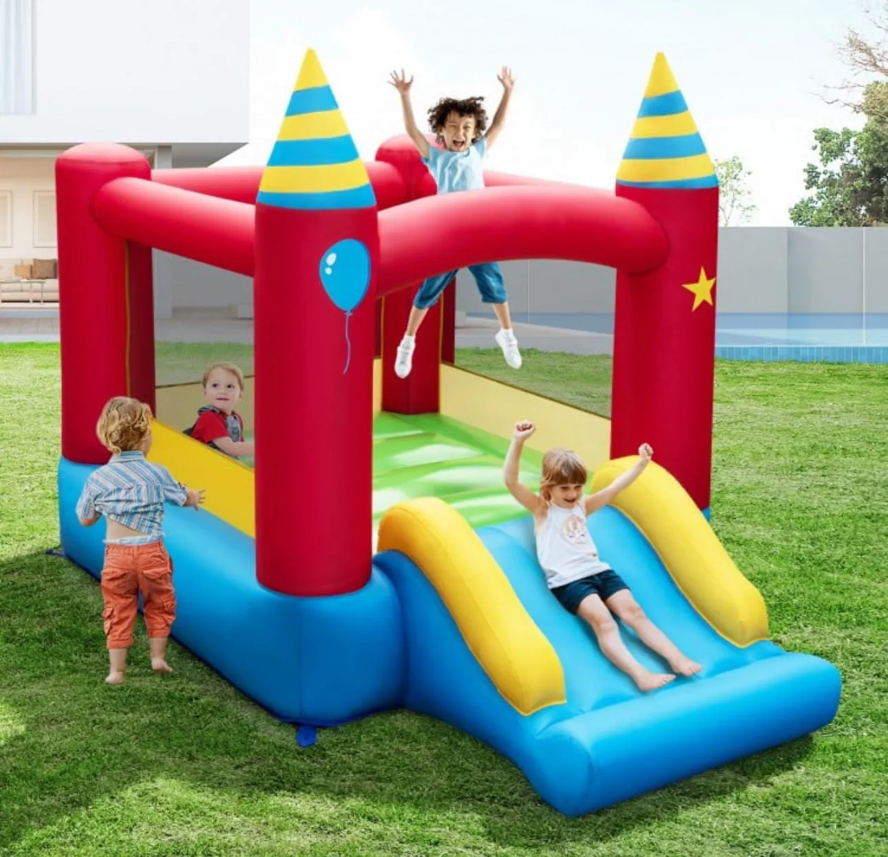 Super Fun Party Theme Bouncy Castle With 480 Watt Blower | Endless Fun | Carry Bag | Stakes | Repair Kit | High Quality | Easy Set Up