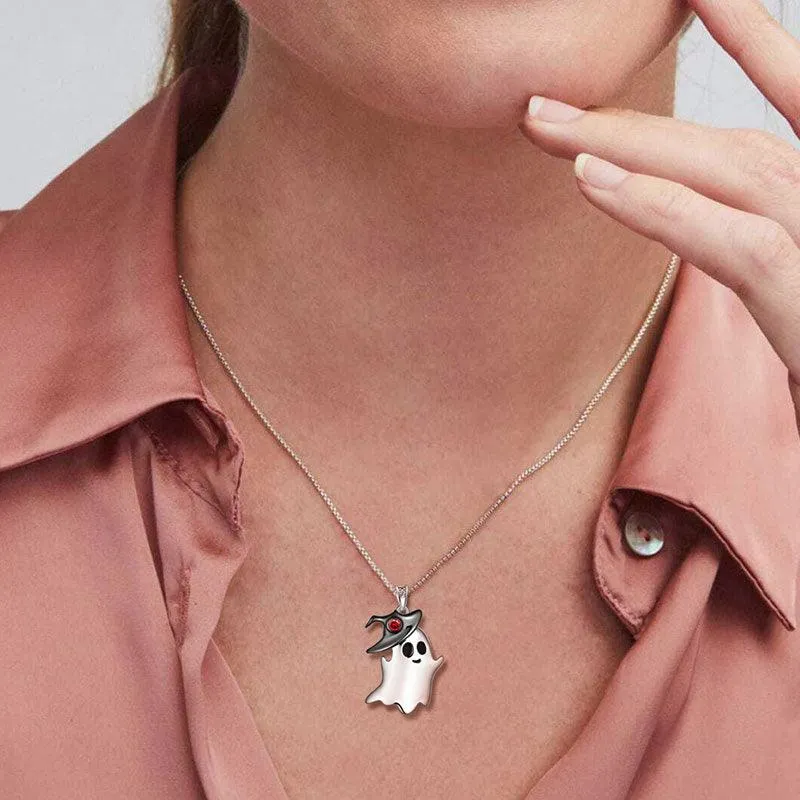 Women Girls Ghost Pendant Necklace Halloween Jewelry 925 Sterling Silver