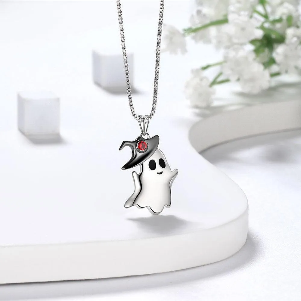 Women Girls Ghost Pendant Necklace Halloween Jewelry 925 Sterling Silver