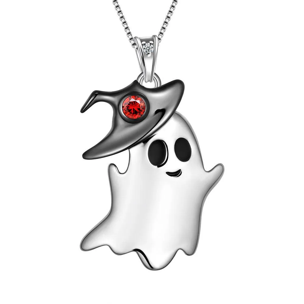 Women Girls Ghost Pendant Necklace Halloween Jewelry 925 Sterling Silver