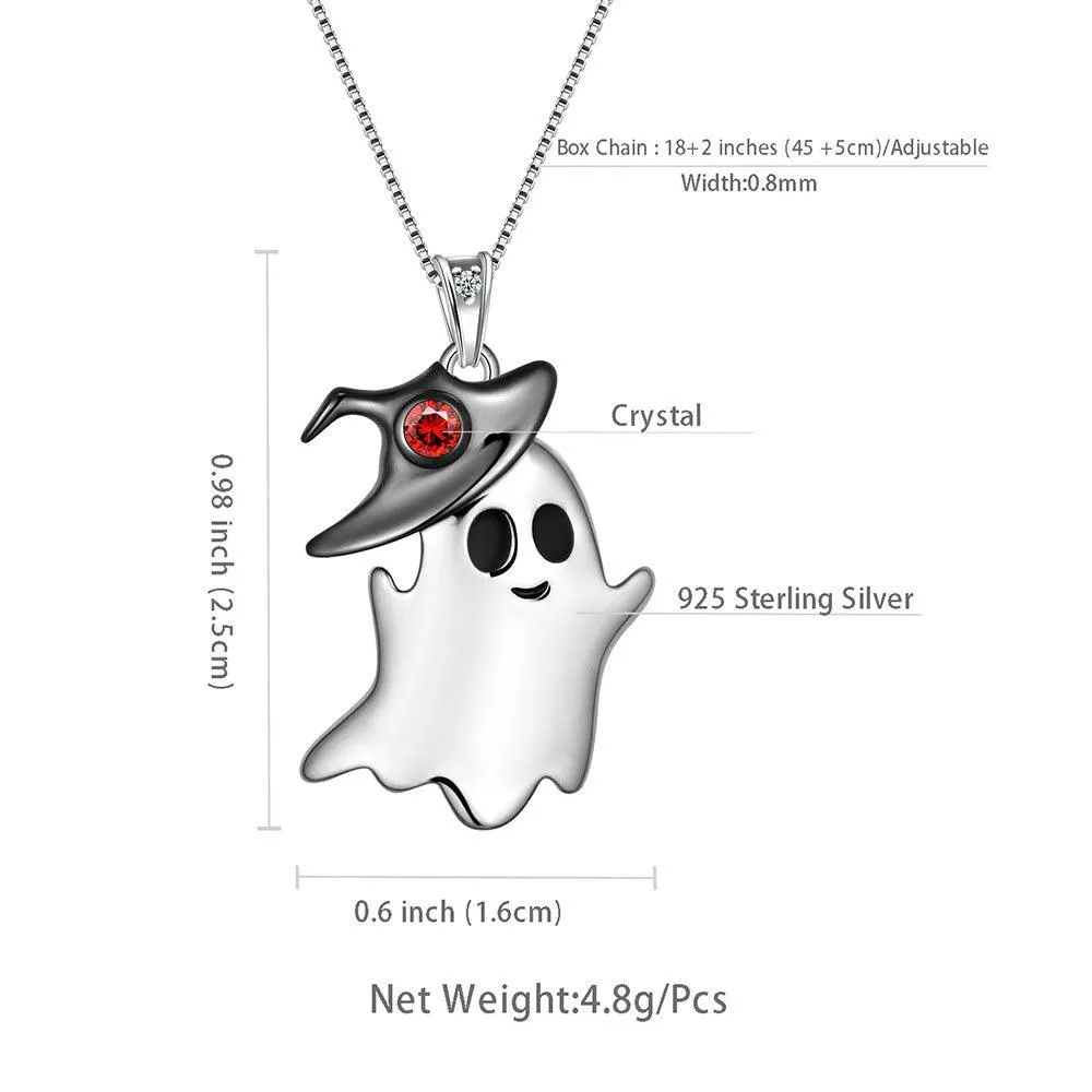 Women Girls Ghost Pendant Necklace Halloween Jewelry 925 Sterling Silver